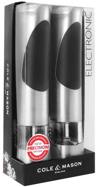 콜 앤 메이슨 리치몬드 전자 소금 밀 선물 세트 대형 분쇄실이 있는 원버튼 전기 향신료 그라인더 6 AAA 배터리 필요 손 세척 주방 도구 스테인리스 스틸, Salt and Pepper ll