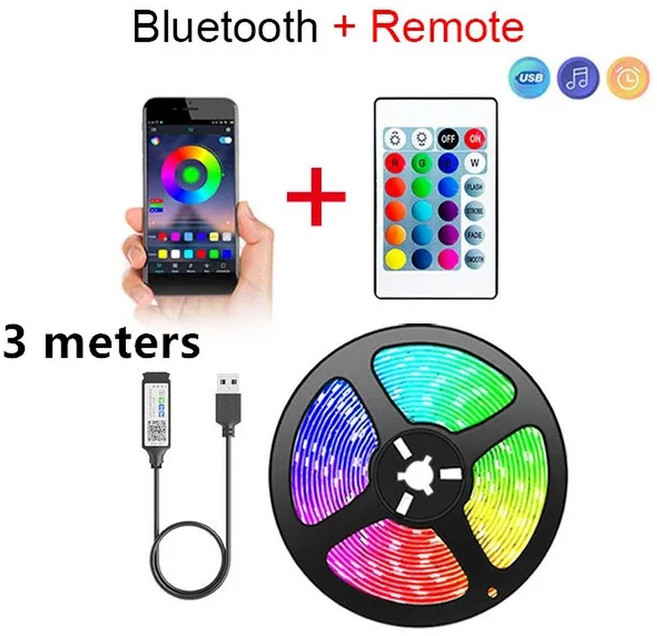 스마트 블루투스 RGB LED 스트립 조명 24 키 원격 유연한 다이오드 램프 테이프 SMD 5050 30LEDsm 방 홈 장, 02 3m