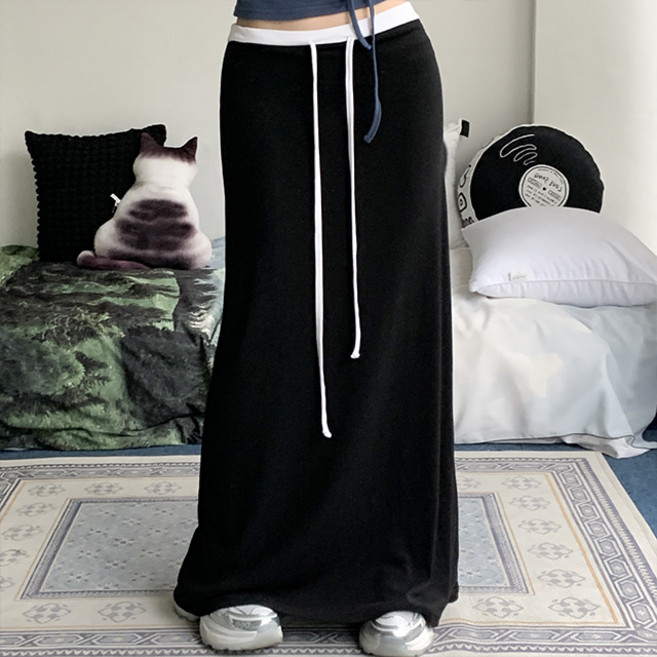 [숏 롱선택/3col] 에이드 배색 밴딩 맥시 롱 스커트