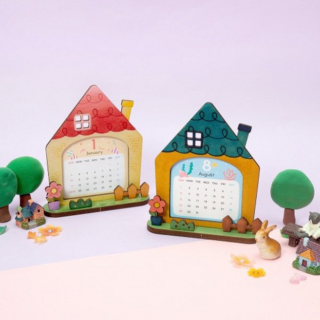 mi 민화샵 만년달력 만들기 나만의 탁상달력 DIY 나무집모양 색칠 사진액자 활용가능 MDF도안, 단품