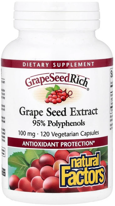 Natural Factors GrapeSeedRich 네츄럴 팩터스 그레이프씨드리치 포도씨 추출물 100mg 120베지캡슐, 120정, 1개 - 쿠팡