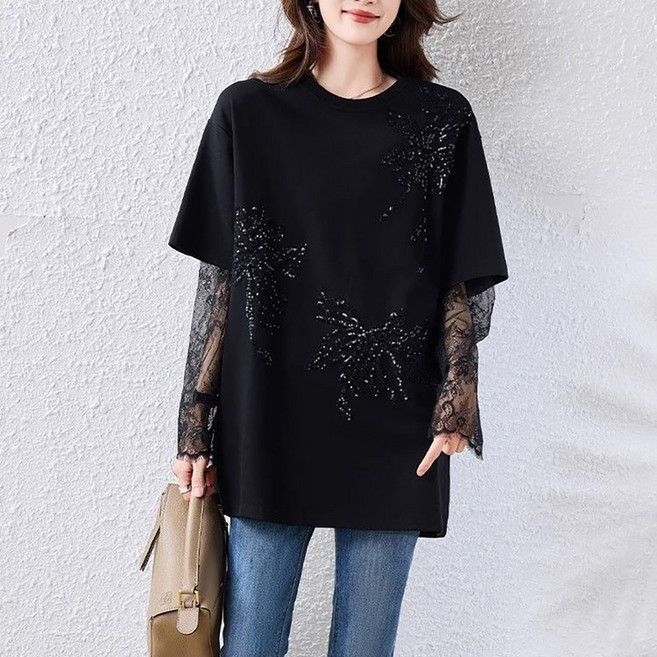 ROYALBELLE 여성 빅사이즈 레이스 패치워크 레이어드 반짝이 라운드넥 긴팔 티셔츠 Z0052714