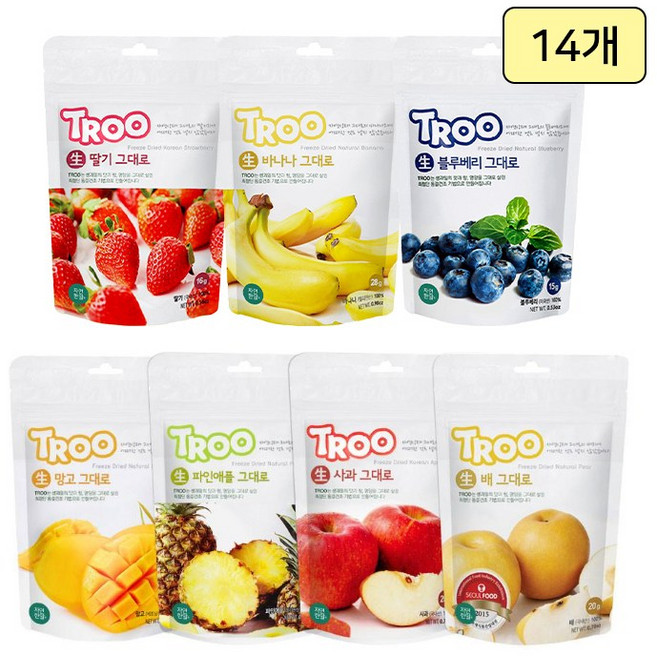 TROO 동결건조 과일칩 딸기 사과 바나나 블루베리 망고 파인애플 배 7종 14봉 묶음, 1세트, 288g