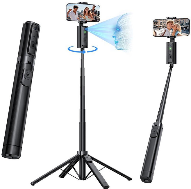 UBeesize 170.2cm(67인치) 자동 페이스 트래킹 삼각대 360° 회전 리모컨이 있는 스마트폰 스탠드 틱톡 블로그 및 비디오 녹화용 확장 가능한 셀카봉 아