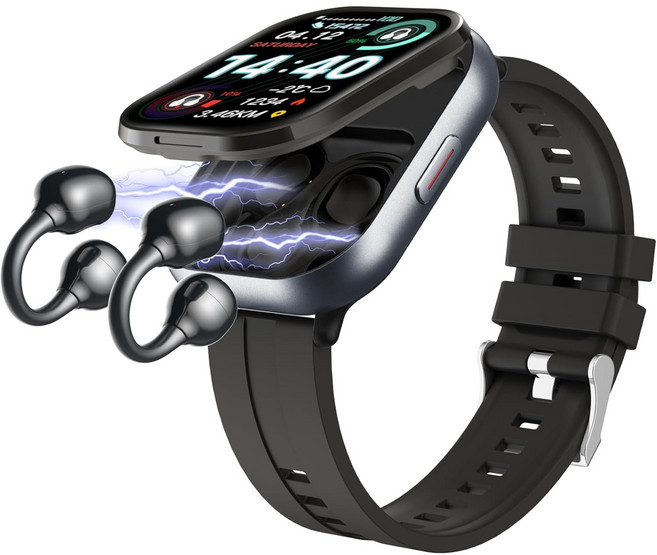 이어버드가 장착된 스마트워치 2 in 1 블루투스 스마트워치 2.01인치 HD IPS 화면 남성용 스마트워치 피트니스 트래커 장시간 대기 남성 여성 스포츠 스마트워치, 블랙, 5cm