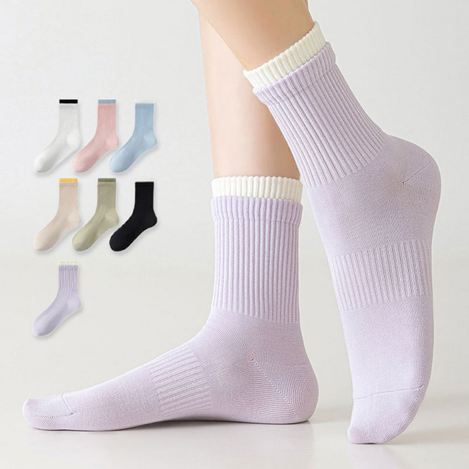 MJLP 여성 순색 압축 봄여름 양말 중목 양말 장목 양말 중목 양말 흰양말 운동 면 양말 두발로 장목 여성 양말 세트 7족
