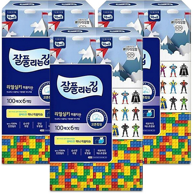 잘풀리는집 리얼실키 미니티슈 각티슈 100매 6입x3팩, 100매입, 18개