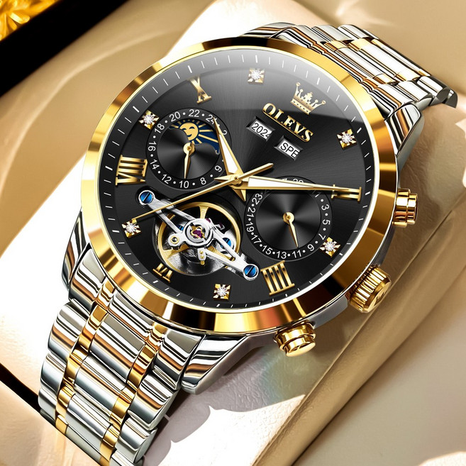 OLEVS 남자손목시계 패션 다기능 기계식 오토매틱 야광 워터프루프 럭셔리 큐빅 정품 메탈 남자시계