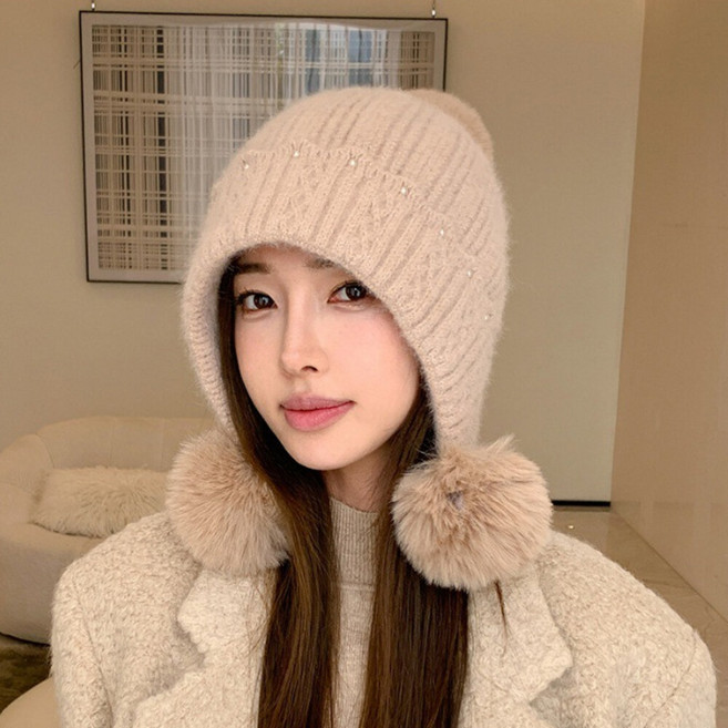 秋冬百搭加厚三毛球純色加絨兔毛帽防風護臉針織毛線帽 d0023