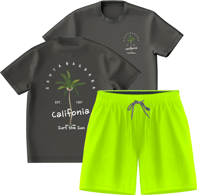 몰토벨리노 썸머 비치 프린팅 오버핏 반팔 레쉬가드 4부 비치바지 상하세트, 산타바바라801