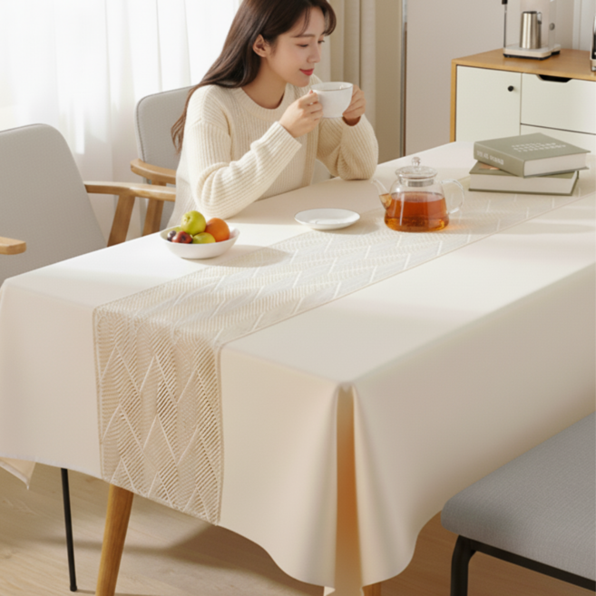 리엔솜드 고급스러운 생활방수 린넨 식탁보, 4인 140*180, 아이보리 모던패턴, 1개