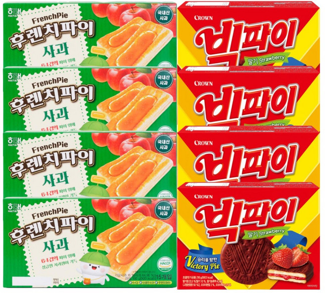 해태 크라운 후렌치파이 사과 192g+빅파이 딸기 216g 4개씩 (총 8P) 곽과자 세트, 192g
