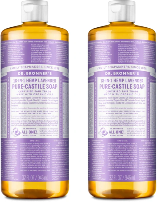 닥터브로너스 퓨어 캐스틸솝 물 비누 945ml x 2 라벤더향 18in1 다용도 음식 설거지 얼굴 몸 머리카락 - 쿠팡