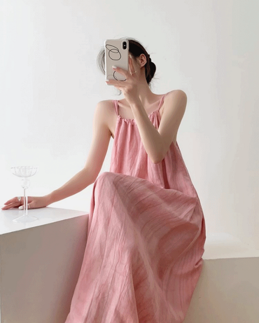 아로엔 홀터넥 셔링 여름 루즈핏 리본 맥시 롱 원피스