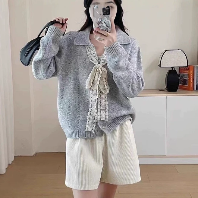 FINE ART 여성 리본 스타일 니트 긴팔 루즈 핏베이직 데일리 가디건 브이넥 가디건