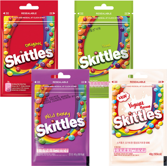 스키틀즈 1+1+1+1 오리지널+사워+와일드베리+요거트향 한세트, 1세트, 40g