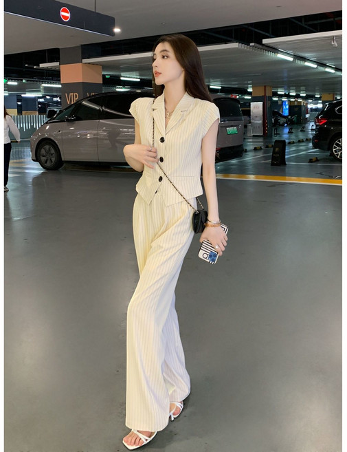 여성 정장 긴바지 투피스 여름 스트라이프 반팔 자켓 + 와이드 팬츠 여자 캐주얼 세트 LT