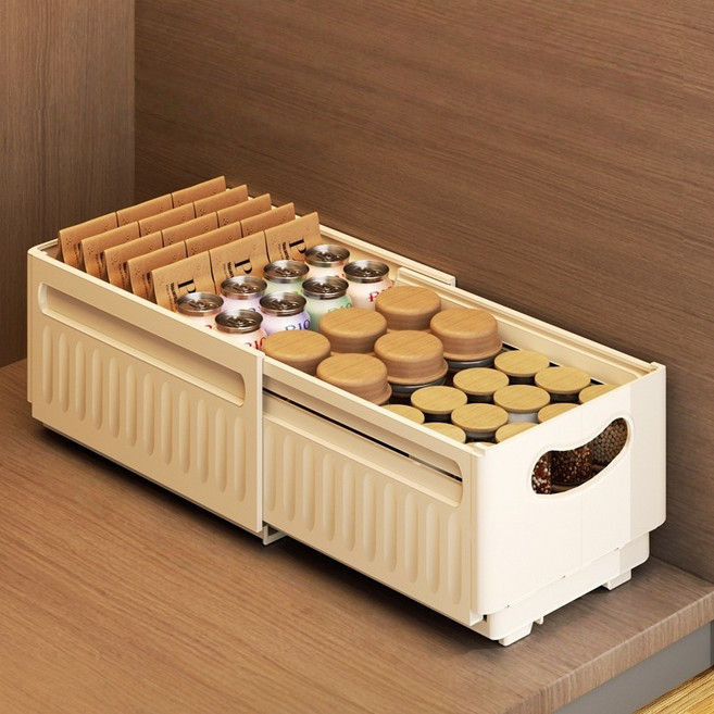 Arsjuo 접이식 리빙박스 길이조절 슬라이딩 수납 바구니, 1개, 베이지