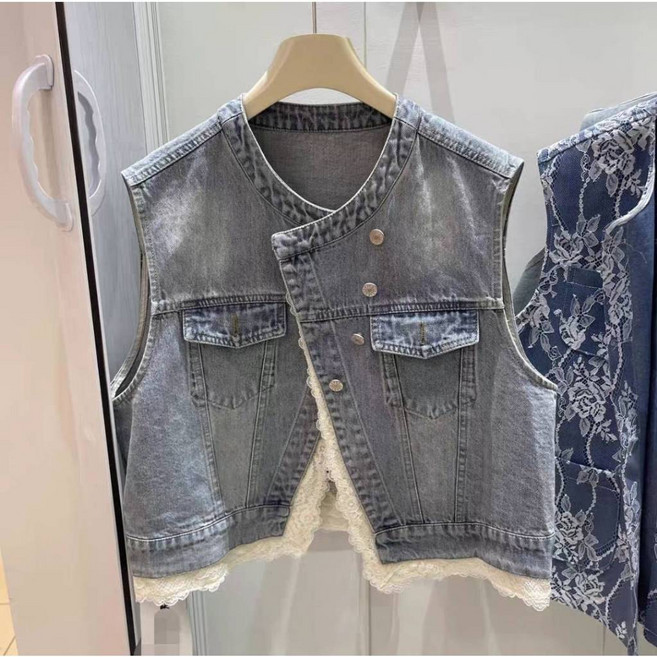 雪莉小姐服飾 韓風古典蕾絲拼接牛仔背心