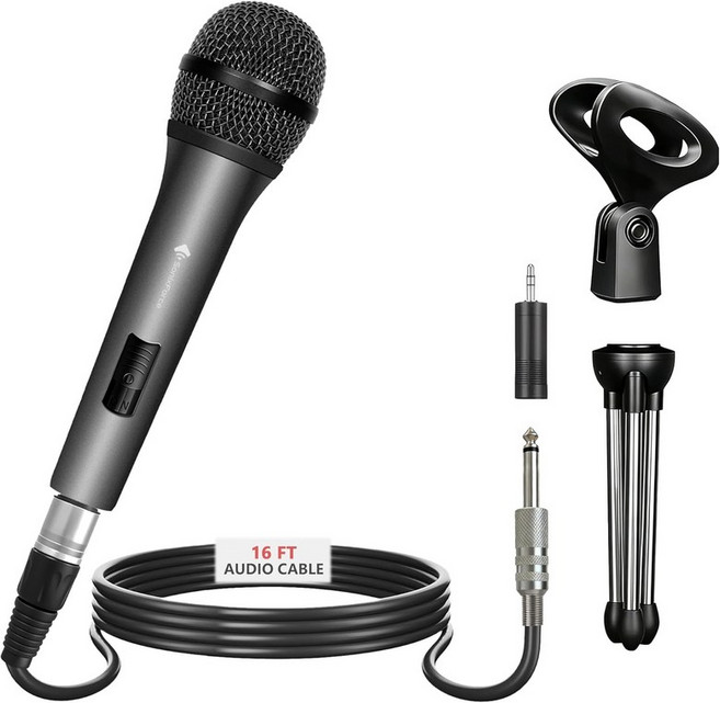 노래를 위한 전문 보컬 마이크 16피트 XLR에서 14 오디오 케이블을 갖춘 다이내믹 노래방 핸드헬드 유선 스피커 앰프 믹서 및 기계용 스튜디오, Silver Grey
