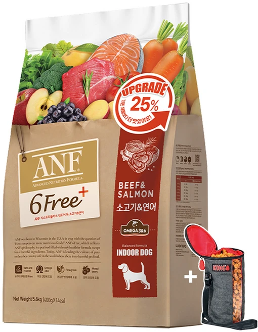 ANF 독 식스프리 플러스 사료 소고기 연어 5.6kg + 콩 KONG 키블백 세트, 1개, 소+연어 - 쿠팡