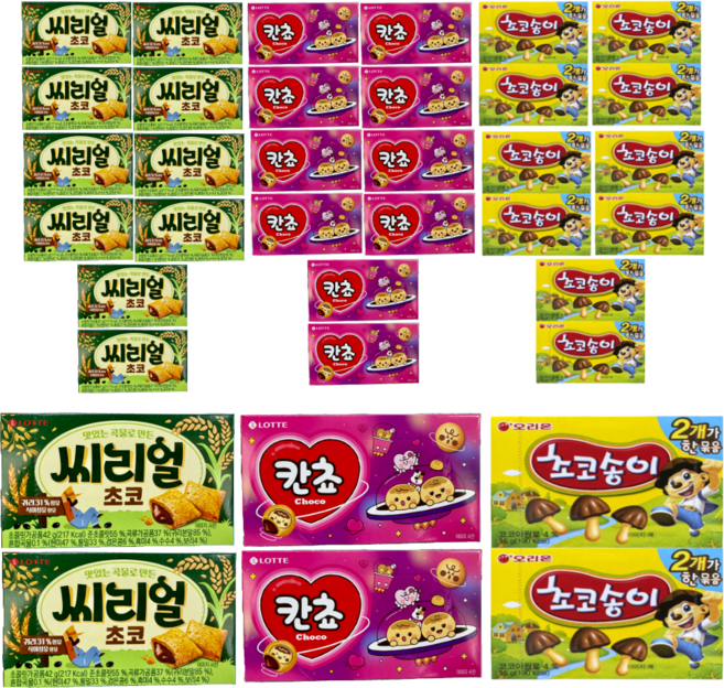 오리온제과 초코송이 72그램 + 롯데제과 칸쵸 108그램 + 롯데제과 씨리얼 초코 84그램 (판매원 주식회사 씨엠몰), 264g, 6세트