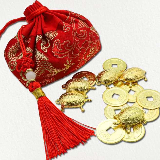 소원성취 재물운 행운을 가져오는 풍수 복주머니 세트 엽전 거북이 초리마켓, A빈티지엽전세트