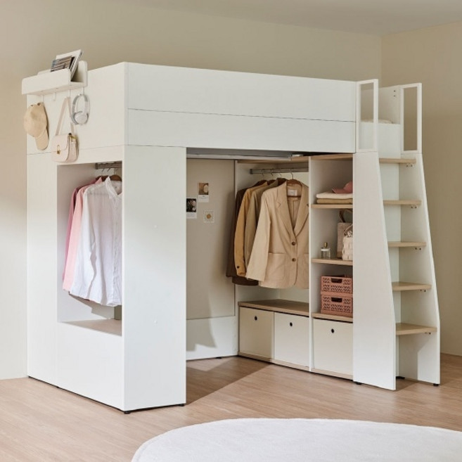 한샘 티오 벙커침대 SS 옷장형 (컬러 택1)+디퍼 베이직 토퍼, 화이트/내추럴오크(B)