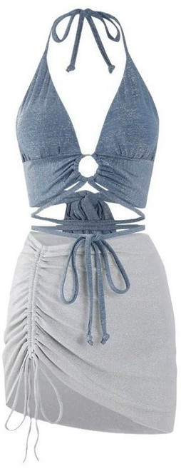 新款性感比基尼泳衣套裝 中空綁帶設計 顯瘦遮腹 展現迷人曲線, (k02)閃粉灰藍 均碼【附泳裙】ap, 閃粉灰藍