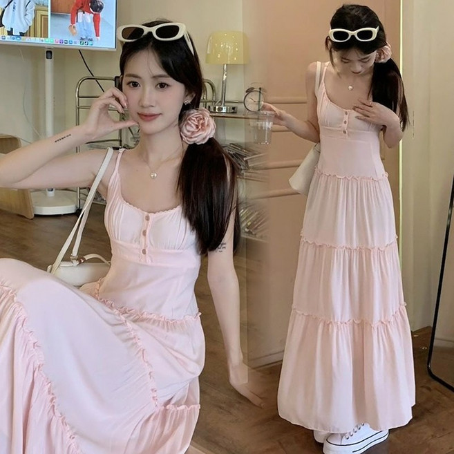 Asure 여름 여성 슬림핏 나시 원피스 베이직 케이크 원피스 휴양지룩