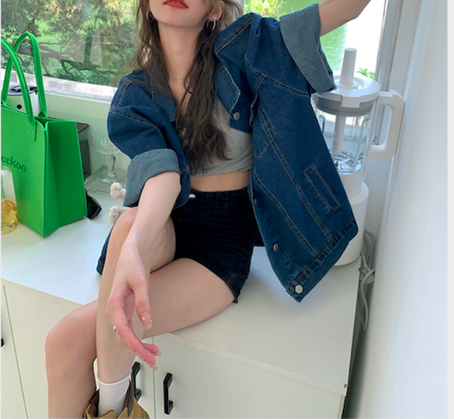 영메이 YM23137S 여성 오버 사이즈 캐주얼 반팔 데님 재킷 봄 여름 데님 자켓