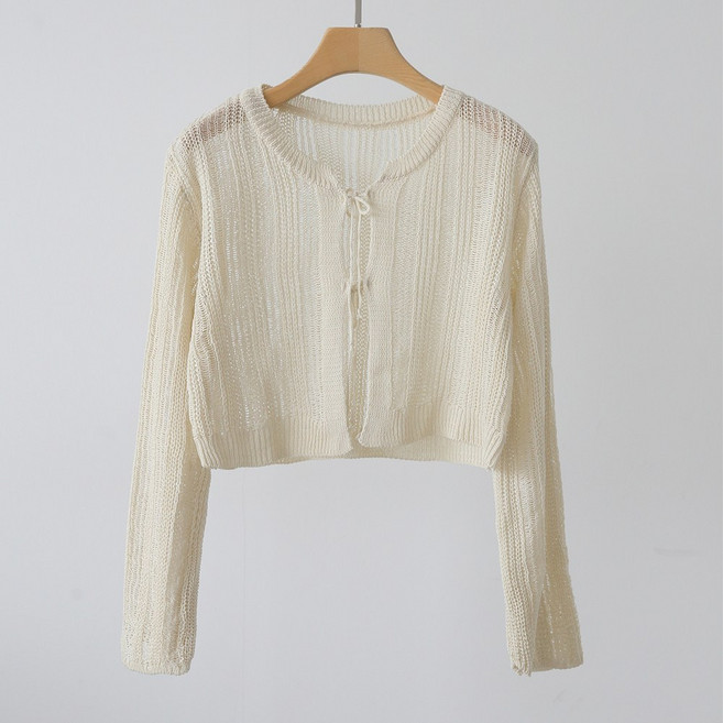 제니트 여성 사랑스러운 포인트 리본 끈 여름 크롭 스카시 니트 긴팔 가디건