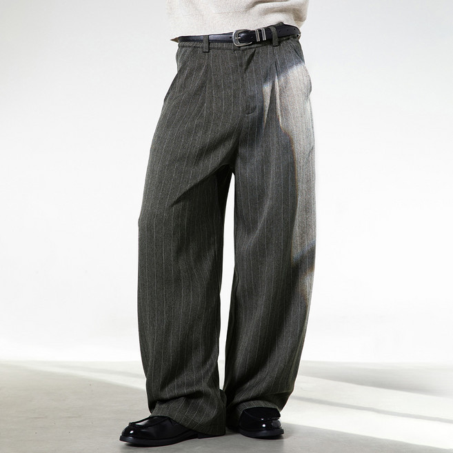 남자 스트라이프 슬랙스 사계절 루즈핏 와이드 일자 팬츠 고급 캐주얼 올드머니룩 바지