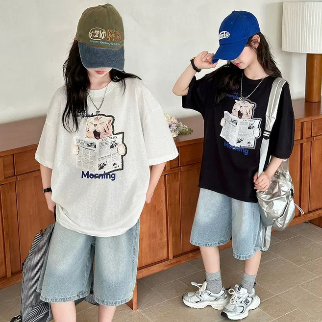 투나이언 여아 냉감 고양이 반팔티 청반바지 루즈핏 상하복세트