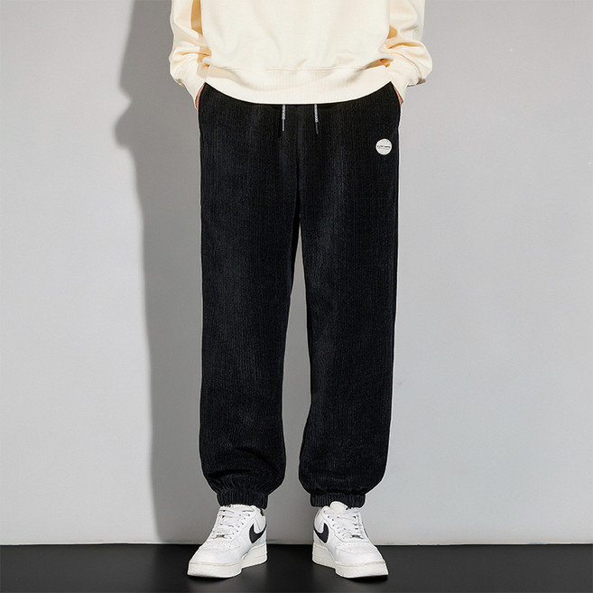秋冬雪尼爾衛褲男士加絨運動褲休閒潮牌男褲燈芯絨寬鬆束腳褲男款
