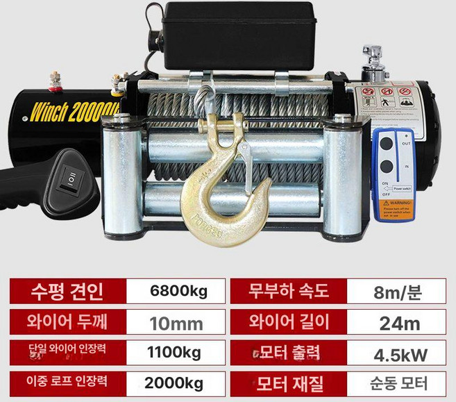 오프로드 윈치 크레인 기중기 키트 렉카 12V6000 와이어 lbs 24v, 1개, 12V 20000lb 유선 B
