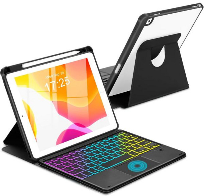 MePadKey 터치패드 키보드 케이스 (iPad 9세대/8세대/7세대 10.2인치용) 360도 회전 커버 레인보우 백라이트 무선 탈착식 키패드 Pro 10.5/Air 3세, For iPad 9th/8th/7th Gen/iPad, Black