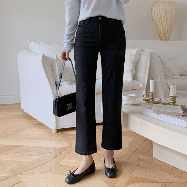 루나진 여성용 올블랙 짱스판 일자핏 데님 팬츠