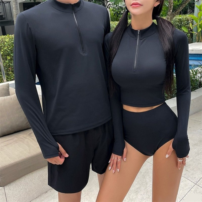 커먼식스 커플 투피스 래쉬가드 남자 여자 수영복 상하의 세트, 여성, L