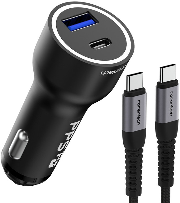 로랜텍 PPS 63W 2포트 초고속 시거잭 차량용 충전기 + 60W C to C 고속 충전 케이블 1.2m 세트