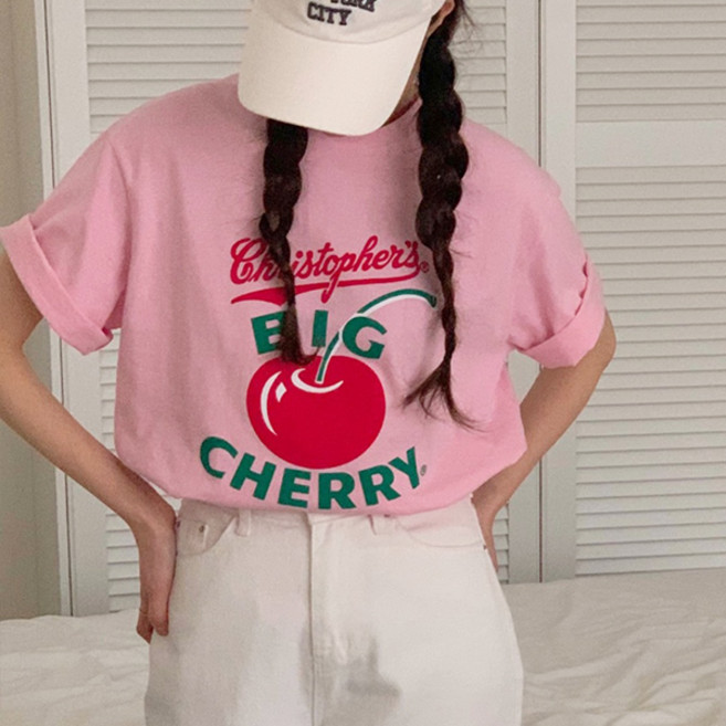 마이쏭 여성 박스티 빅사이즈 루즈핏 캐주얼 CHERRY프린팅반팔티