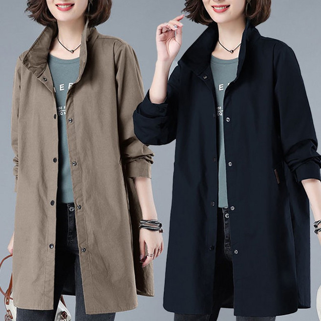 빅사이즈 여성 바람막이 카라넥 심플 엄마옷 루즈핏 아우터 트렌치 코트 데일리룩 오버핏 롱자켓
