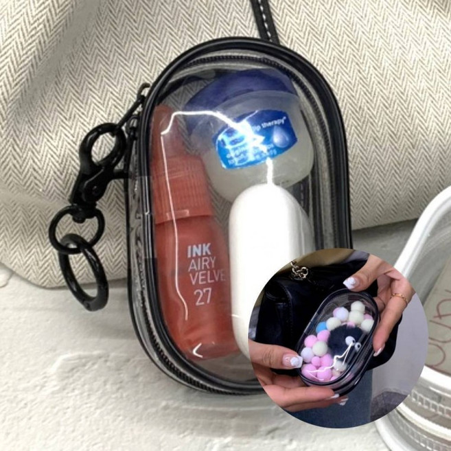 투명 PVC 솜인형 파우치 원형 블랙 투명파우치키링 투명인형파우치 투명키링파우치