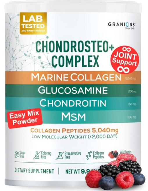 글루코사민 콘드로이틴 MSM 파우더 남녀용 관절 보조제 콘드로스테오 가수분해 해양 콜라겐 펩타이드 필수 비타민 미네랄 영양 복합체 와일드 베리 9.9온스 Granons, 9.9 온스 (1개 묶음)
