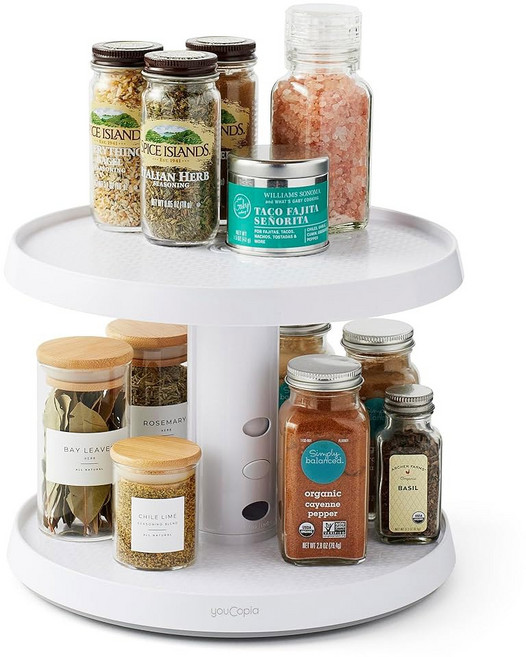YouCopia Susan Lazy Organizer 손잡이가 있는 6 BPA 프리 탈착식 클리어 빈 주방 캐비닛용 회전식 수납 턴테이블 팬트리 및 욕실 정리함 화이트, Two Tier, Susan 11, Turntable
