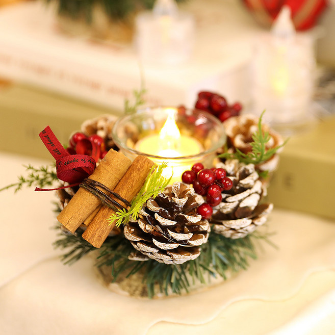 크리스마스트리 조명 장식 파티용품 무드등 LED초 원목촛대장식, 원목촛대장식 A SET, 1개