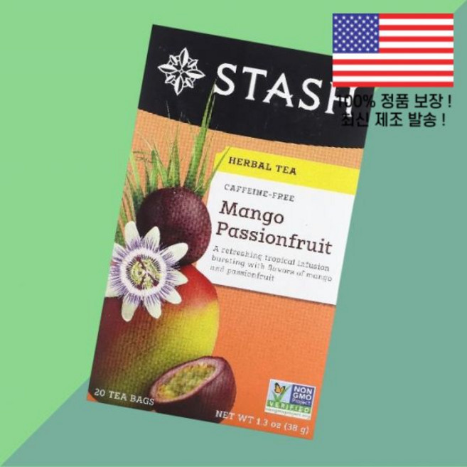 스태쉬 티 허브 망고 패션후르츠 카페인 프리 티백 20개 1.3온스 38g Stash Tea Herbal Mango Passionfruit Caffeine Free 20 Bag, 1
