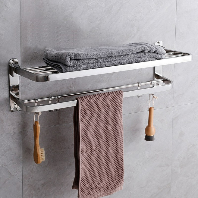 오엠티 무타공 욕실수건걸이 접착식 2단 선반 알루미늄 화장실 타올걸이, 블랙, 1개