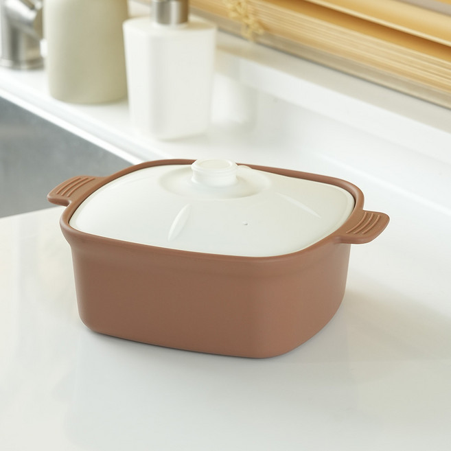 소노리떼 실리콘 계란찜기 라면용기 사각 1200ml 멀티팟 찜기, 1개, 아몬드브라운 화이트