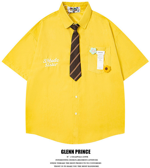 GLENN PRINCE 學院風刺繡花朵領帶短袖襯衫
